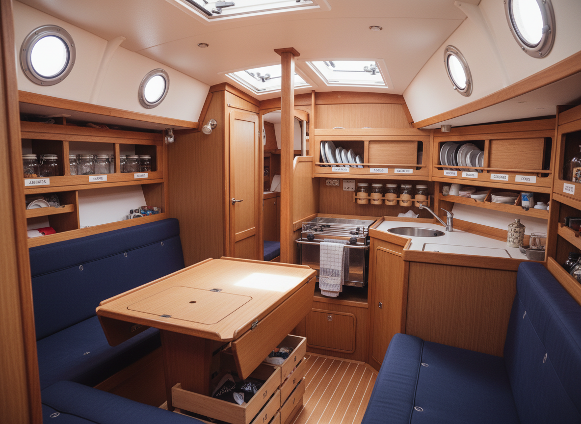 Intérieur d’un voilier aménagé pour le grand départ, carré lumineux avec boiseries claires, coussins bleu marine et rangements optimisés. Sur le côté, une cuisine en L présente une gazinière inox sécurisée, un évier profond, des rangements étiquetés pour la vaisselle et des bocaux hermétiques fixés sous un meuble haut. Sous la table du carré, on aperçoit des caisses de stockage numérotées. La lumière naturelle pénètre par plusieurs hublots et panneaux de pont, créant une ambiance douce et chaleureuse sans zones d’ombre dures. Photographie à hauteur d’œil, composition large montrant l’ensemble de l’aménagement, lignes propres, réalisme soigné. Atmosphère confortable, organisée et rassurante, adaptée à un blog de conseils pratiques.