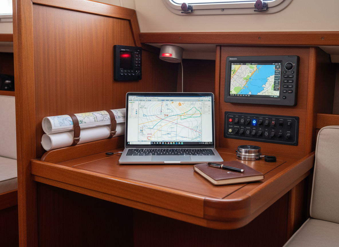 Table à cartes en bois verni d’un voilier hauturier, impeccablement rangée. On y voit un grand ordinateur portable ouvert affichant un logiciel de routage météo, un traceur GPS encastré dans la cloison, un tableau électrique marin bien étiqueté, des cartes papier soigneusement roulées, un compas de relèvement métallique et un carnet de bord en cuir posé à côté d’un stylo. La lumière vient d’un hublot latéral diffusant une clarté douce, complétée par une lampe LED rouge discrète au-dessus de la table. Ambiance chaleureuse, concentrée, orientée travail préparatoire. Prise de vue à hauteur de table, légère contre-plongée, profondeur de champ moyenne mettant l’accent sur l’écran et les instruments. Style photographique réaliste, propre, professionnel, évoquant la rigueur et la planification technique.