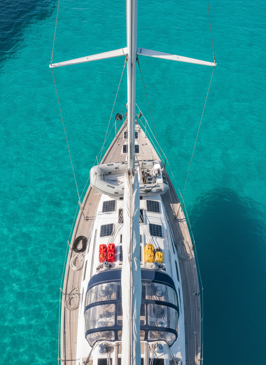 Vue plongeante depuis la pointe du mât d’un voilier de voyage, montrant le pont en teck clair impeccablement organisé. On distingue les panneaux solaires encastrés, l’annexe bien fixée à l’avant, les aussières lovées proprement, les jerricans de sécurité alignés et les instruments de navigation protégés par une capote transparente. Le bateau est au mouillage dans une eau turquoise translucide, avec un fond de sable clair visible. La lumière est un soleil de milieu de journée, net mais légèrement adouci, créant des contrastes marqués mais pas agressifs. Composition en vue d’oiseau avec lignes des haubans guidant le regard vers l’étrave. Photographie réaliste, couleurs vives mais naturelles, atmosphère d’organisation, de préparation minutieuse avant un grand voyage.