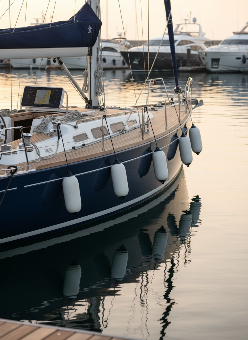 A sleek, well-maintained blue ocean-cruising sailboat moored at a calm marina, its stainless steel rigging polished and taut, white fenders aligned perfectly along the hull. The teak deck is clean and oiled, with neatly coiled lines and a modern chartplotter visible at the helm. Early morning natural light casts a soft, golden glow across the water, creating gentle reflections of the mast and hull. Photographed at eye level from the dock with moderate depth of field, the background boats are softly blurred. The mood is professional and aspirational, conveying meticulous preparation and readiness for a long voyage, in clean, realistic photographic style.
