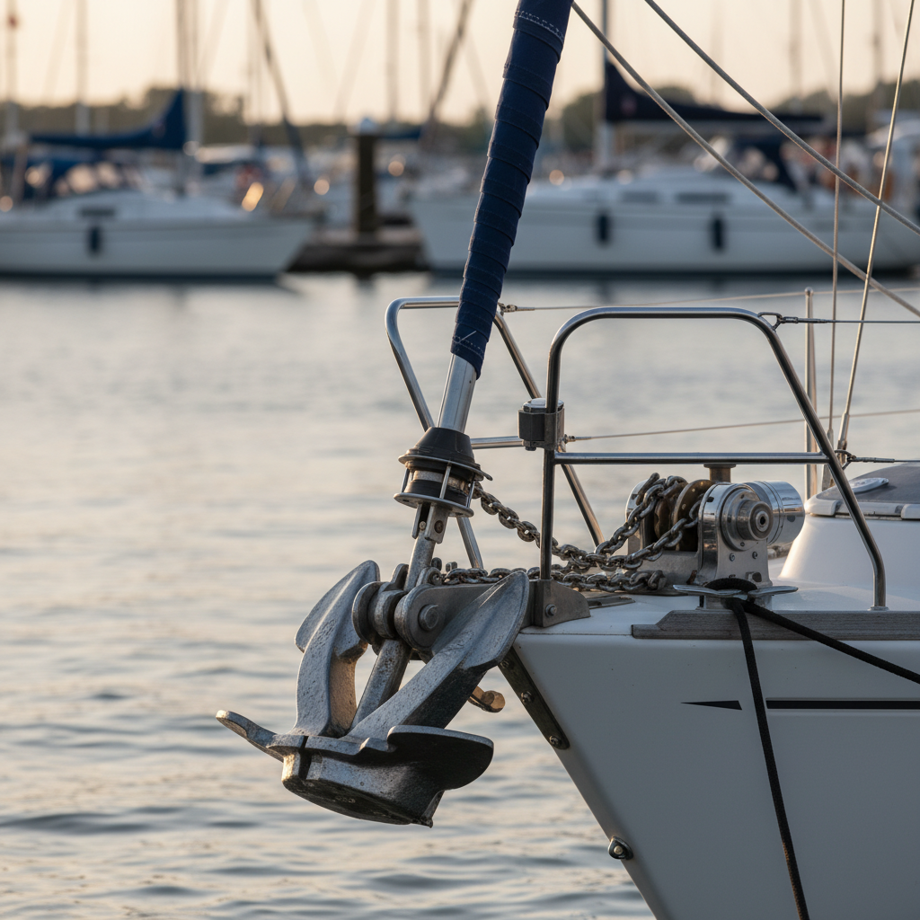 A close-up, photographic view of a sailboat’s bow at a mooring, showcasing robust bluewater preparation: oversized stainless steel anchor snug in its bow roller, thick chain running through a well-maintained windlass, heavy-duty bow cleats with chafe-protected dock lines, and a taut forestay supporting a neatly furled genoa with UV-protective strip. The surrounding water is calm, a soft ripple catching late afternoon sunlight that creates bright highlights on metal surfaces and subtle shadows along the hull. Shot from a low, three-quarter angle near the waterline with shallow depth of field, the background fades into a gentle marina blur. The mood is confident and secure, expressing reliability and ocean-readiness in realistic, professional style.