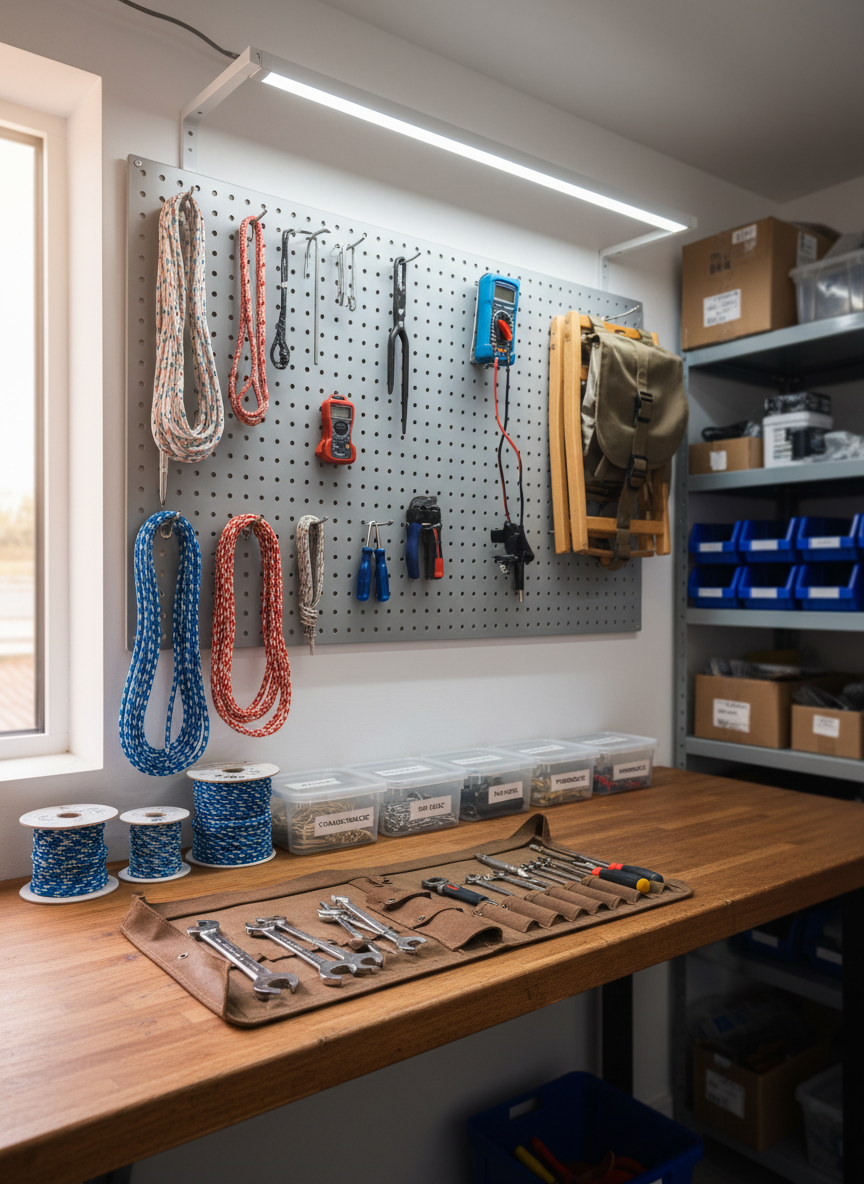 A well-organized workshop corner dedicated to sailboat preparation, with a sturdy wooden workbench against a clean white wall. On the bench sit neatly stacked spools of marine-grade rope, labeled containers of stainless steel shackles and snap hooks, and an open tool roll displaying high-quality wrenches and screwdrivers. Above, a pegboard holds carefully arranged rigging tools, a bosun’s chair, and a handheld multimeter. Soft, diffused daylight from a nearby window mixes with cool overhead LED lighting, giving the scene a precise, professional clarity. Shot at eye level with sharp focus and a slightly shallow depth of field, the background shelves of labeled boat parts blur gently. The atmosphere is methodical and expert, emphasizing preparation before fitting out the voyage-ready sailboat.