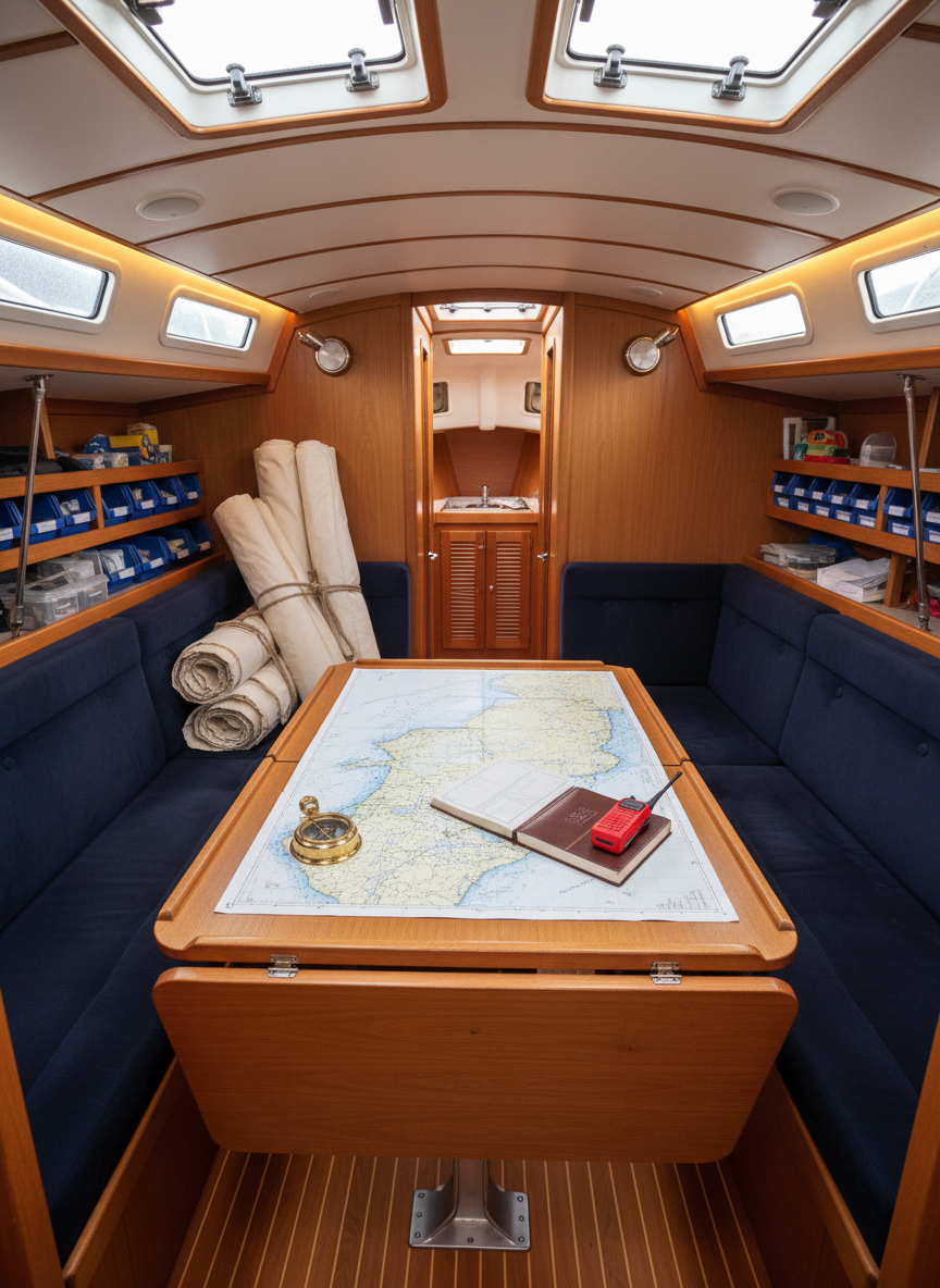 A spacious sailboat interior salon with light oak woodwork, navy blue upholstered settees, and a sturdy fold-down saloon table covered with nautical charts, a compass, a closed logbook, and a red handheld VHF radio. Along the bulkhead, meticulously organized storage holds labeled plastic bins, spare parts, and neatly rolled sails. Soft warm LED cabin lighting combines with a hint of daylight filtering through overhead hatches, creating a cozy yet efficient workspace. Captured at eye level with a wide-angle lens, the image has sharp focus and balanced composition, emphasizing practicality and comfort. The atmosphere is reassuring, professional, and oriented toward long-term cruising preparation, rendered in clean photographic realism.