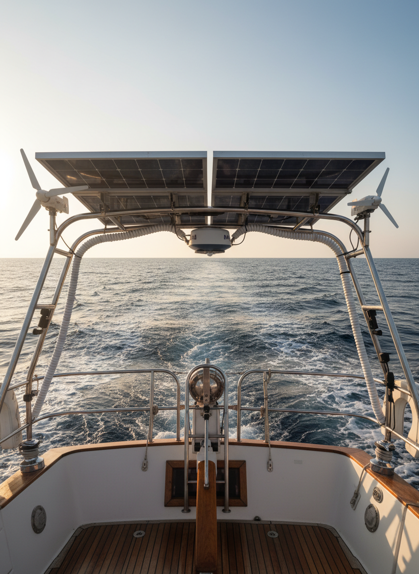 The stern of an offshore-ready sailboat underway in gentle seas, seen from a following chase boat. Twin solar panels are mounted above a stainless-steel arch supporting a wind generator, radar dome, and GPS antennas, all wired neatly with protective conduits. A self-steering windvane is bolted securely to the transom, its varnished wooden paddle skimming the water. Late afternoon sun creates a golden backlight that highlights spray along the wake and glints off polished metal. The horizon is clear and slightly hazy, evoking distance and adventure. Photographed in crisp, realistic style with a medium telephoto lens, the composition emphasizes the self-sufficiency and technical preparation of a voyaging sailboat about to depart on an extended journey.
