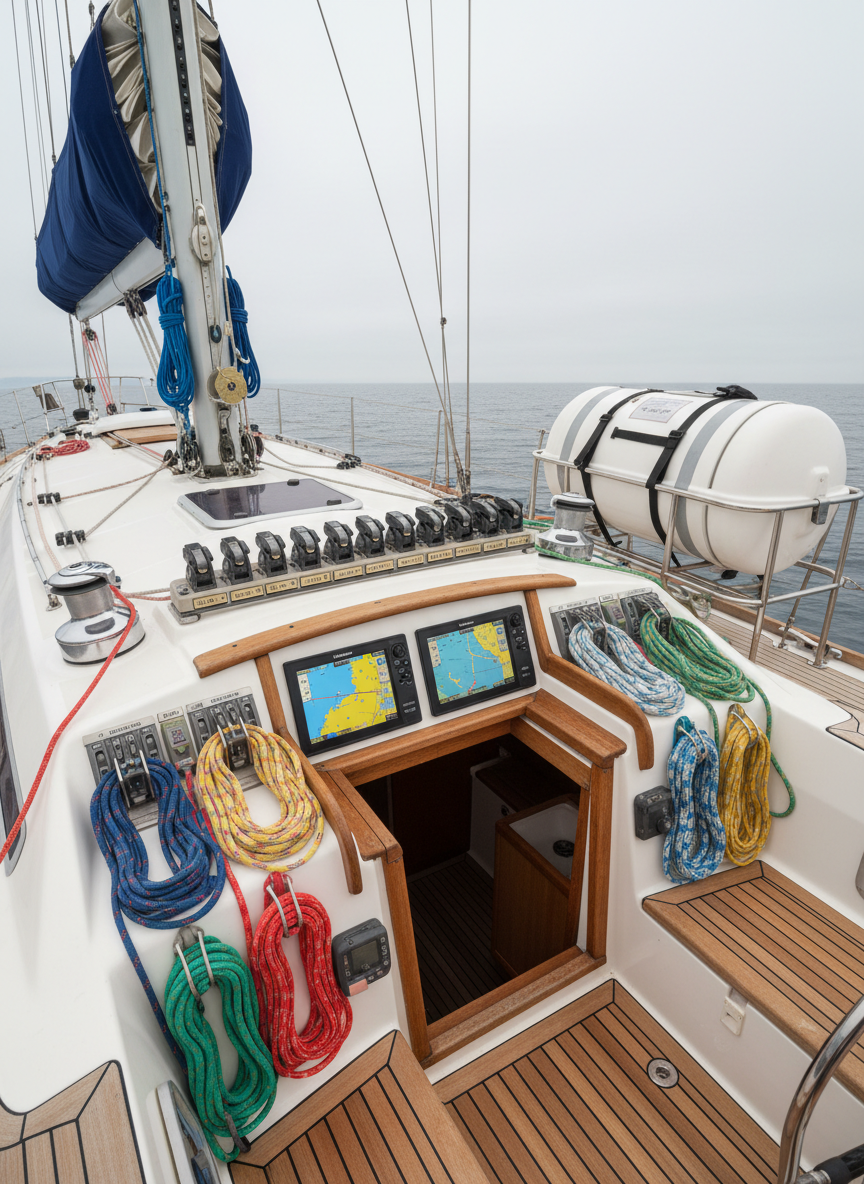 The cockpit of a bluewater sailboat seen from above, every element organized for offshore passage: color-coded sheets and halyards led back through labeled clutches, a varnished teak companionway, dual chartplotter and autopilot displays powered on, and a neatly packed liferaft canister secured on deck. Soft overcast daylight creates even, diffused illumination, minimizing harsh shadows and emphasizing details of gear and layout. Shot in photographic realism from a slightly elevated, three-quarter angle, with sharp focus throughout to highlight systems and preparation. The atmosphere is calm, methodical, and professional, suggesting a vessel on the verge of departure for a long, well-planned journey.